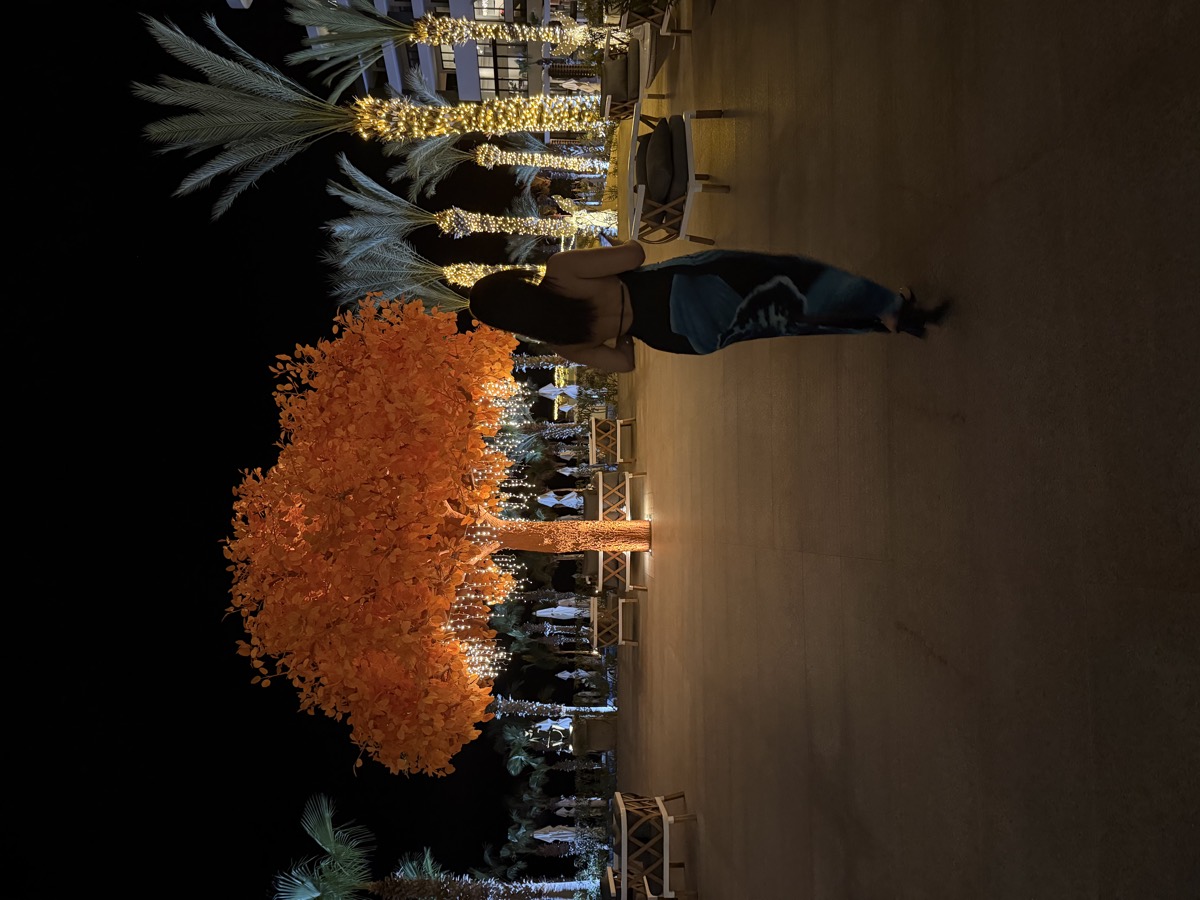 Illuminated palms at the resort at night